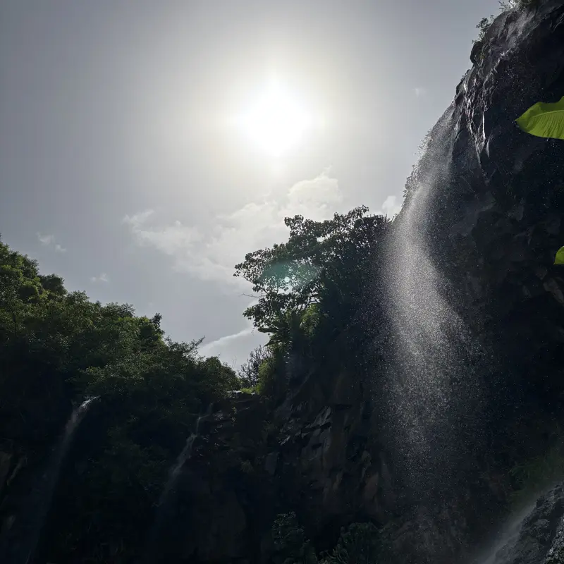 Backlit waterfall cascading down basalt cliffs under bright midday sun.